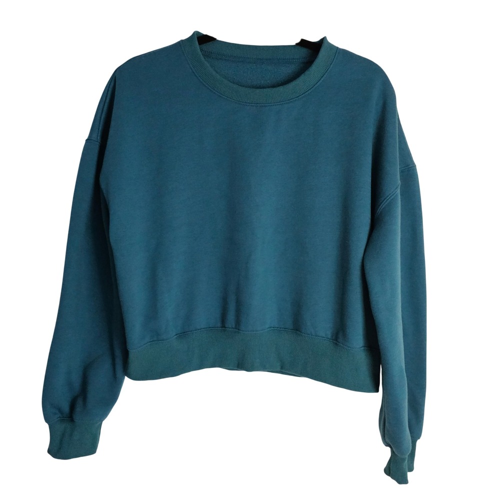 Teal Blue Cropped Crewneck Sweatshirt Fleece Pullover Sz M Athleisure Streetwear